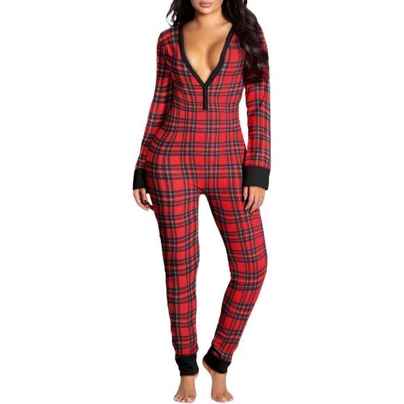 CBR Christmas Holiday Plaid Butt Button Flap Jumpsuit Romper Pajamas Women's S - Picture 1 of 16